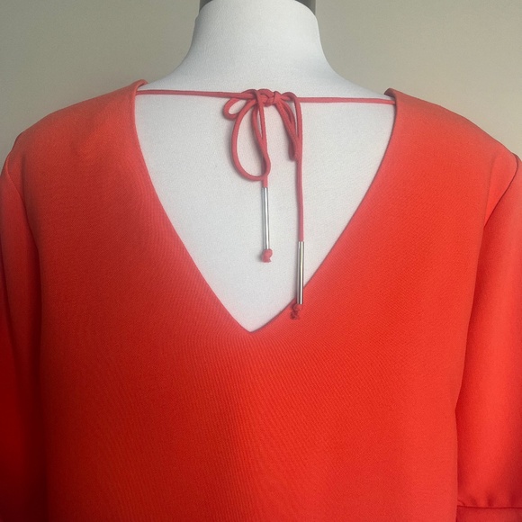 Suncoo Paris Coral Orange Open Back Cocktail Flounce Sleeve Top Blouse T-shirt - Picture 6 of 8